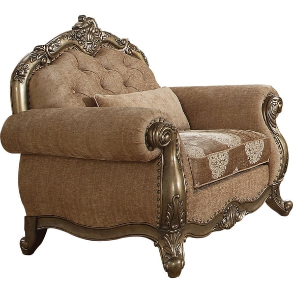 Benjara Scrolled Crown Top Fabric Chair with Cabriole Legs- Beige and Brass