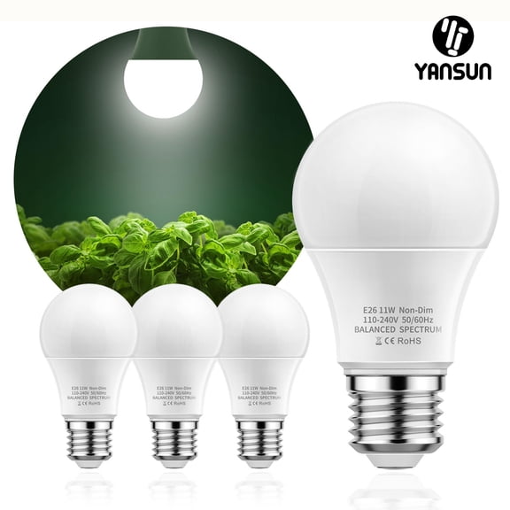 YANSUN 100-Watt Equivalent E26 A19 Medium Base Non-Dim Indoor and Greenhouse Full Spectrum Plant Grow LED Light Bulb 4000K Eye-Caring, 4 Pack