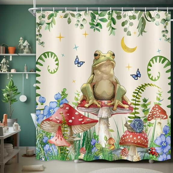 Mushroom Shower Curtain, Boho Moon Stars Aesthetic Floral Shower Curtains, Funny Frog Cottagecore Decor Kids Children Bathroom Accessories Set with Hooks, 72X72in