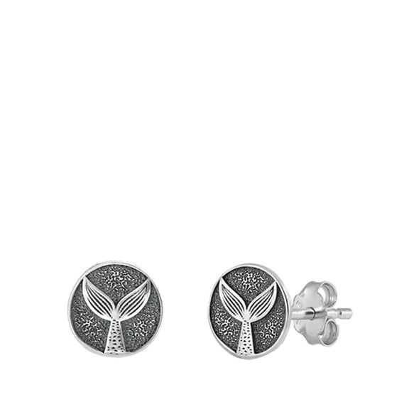 Oxidized Round Mermaid Whale Tail High Polished Stud Earrings 925 New Silver Jewelry Female Unisex