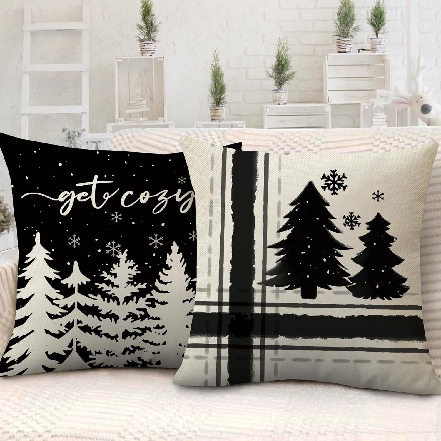 Winter Snowflake Decorative Throw Pillow Covers 16x16 Set of 4, Let It Snow Christmas Pine Tree Black Outdoor Pillowcase, Get Cozy Seasonal Holiday Farmhouse Cushion Case Home Decor