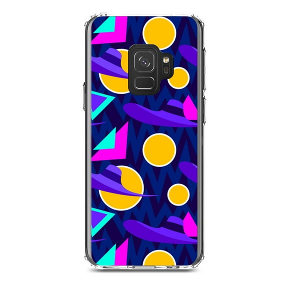 DistinctInk Clear Shockproof Hybrid Case for Samsung Galaxy S9 (5.8" Screen) - TPU Bumper, Acrylic Back, Tempered Glass Screen Protector - Pink Purple Yellow 90s Pattern - Relive the 90's