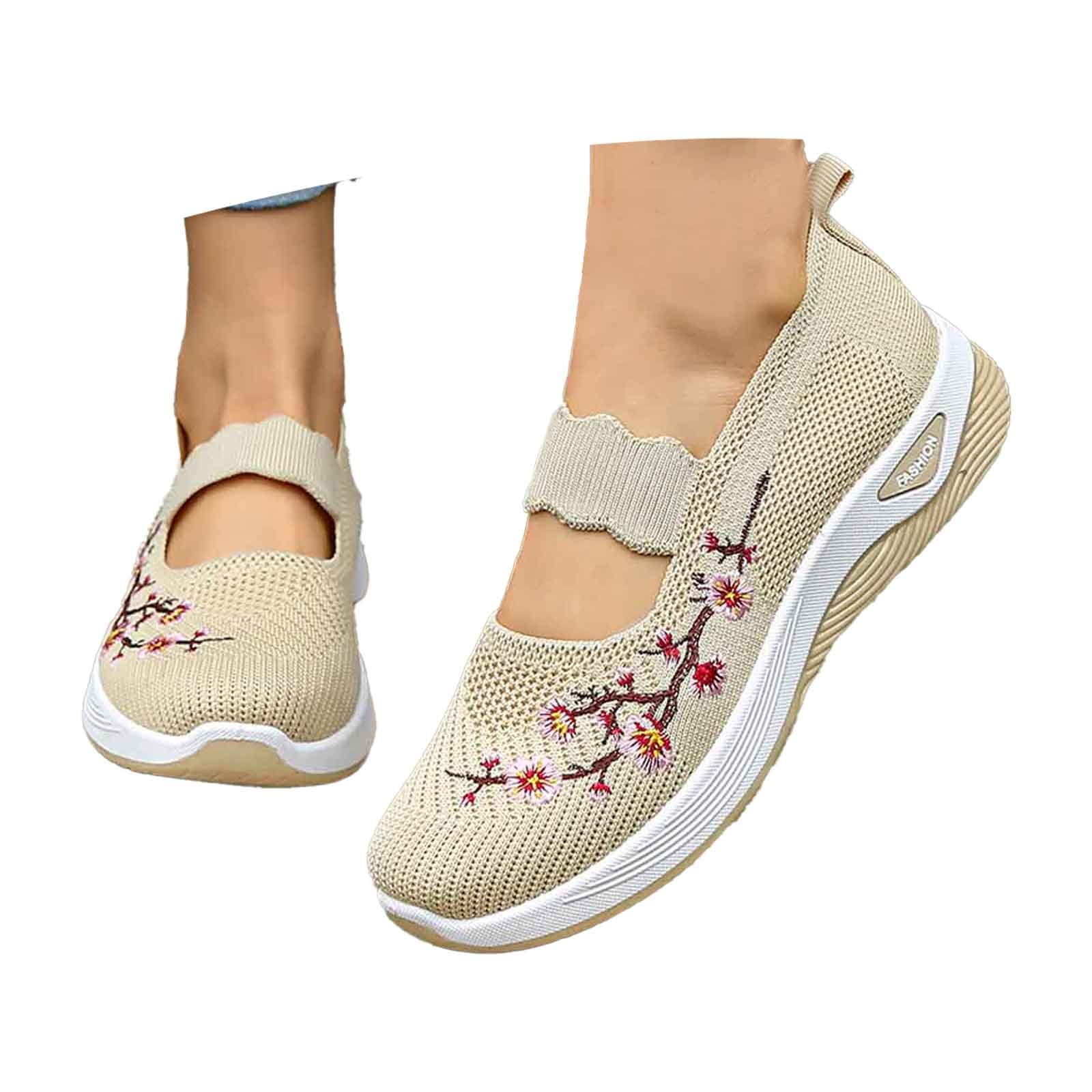 Women's Flower Embroidered On Knitting Flat Loafers,Mary Jane Breathable Elastic Mesh Comfy Platform Non Memory Foam Mom Walking Nurse Shoes Casual Walking Sneakers