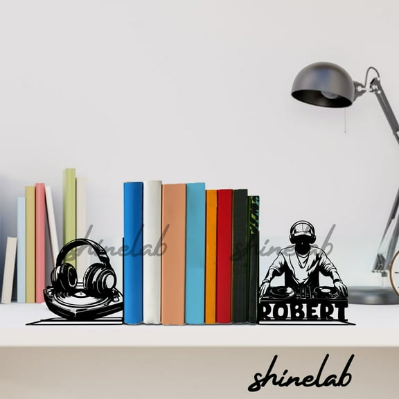 Shinelab Custom Producer Name Metal Bookends, Studio Bookshelf Organizer, Music Gifts 12754