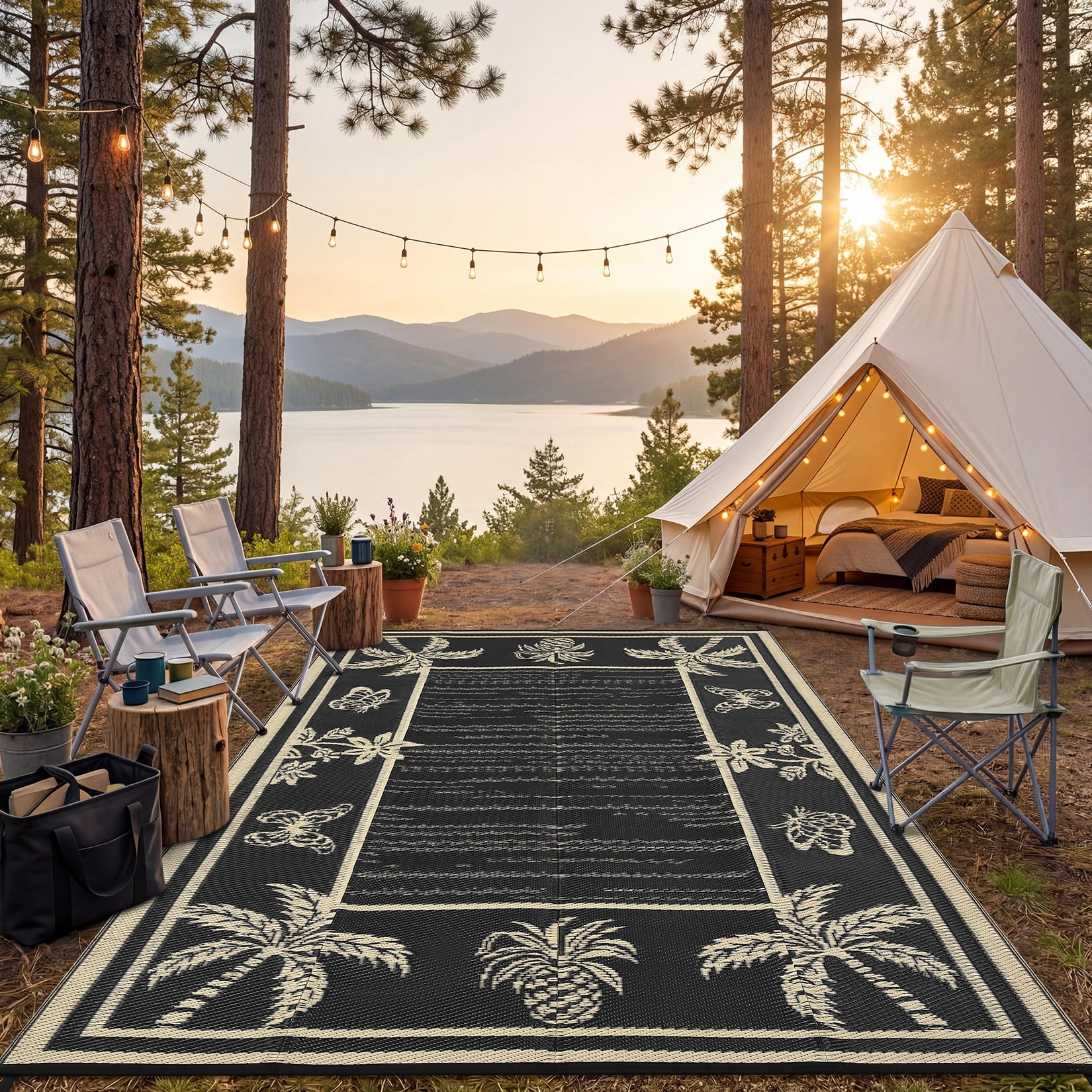 Garvee Outdoor Rug 9x12ft Waterproof Reversible Foldable Plastic Straw Rug, Tropical Leaf Border Outdoor Mat for Patio, Camping, RV, Deck, Porch, Balcony, Black Coffee