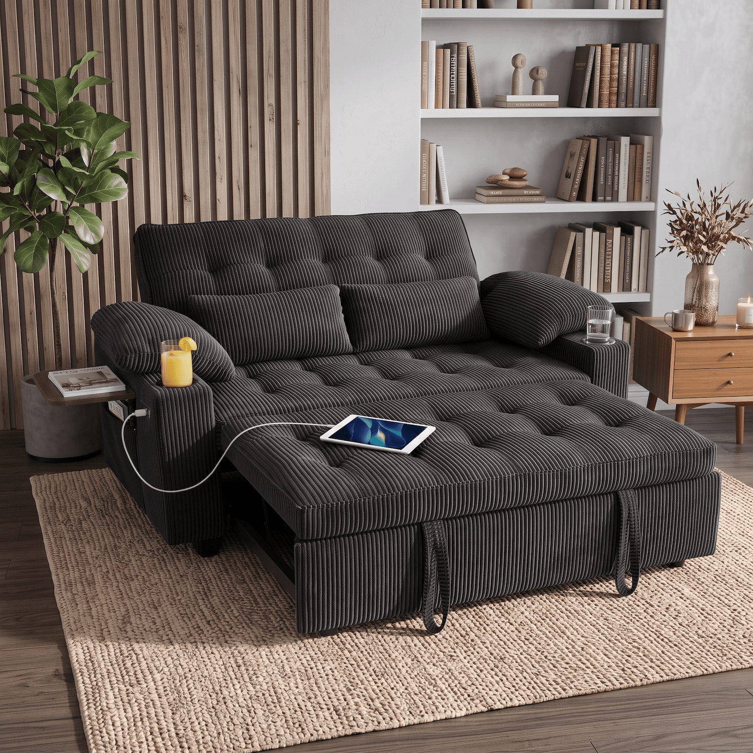 58" Convertible Sleeper Sofa Bed, Full Size Pull Out Couch with USB Charging, Cup Holders, Side Table, Adjustable Backrest, Corduroy Loveseat for Living Room, Apartment, Office (Black)
