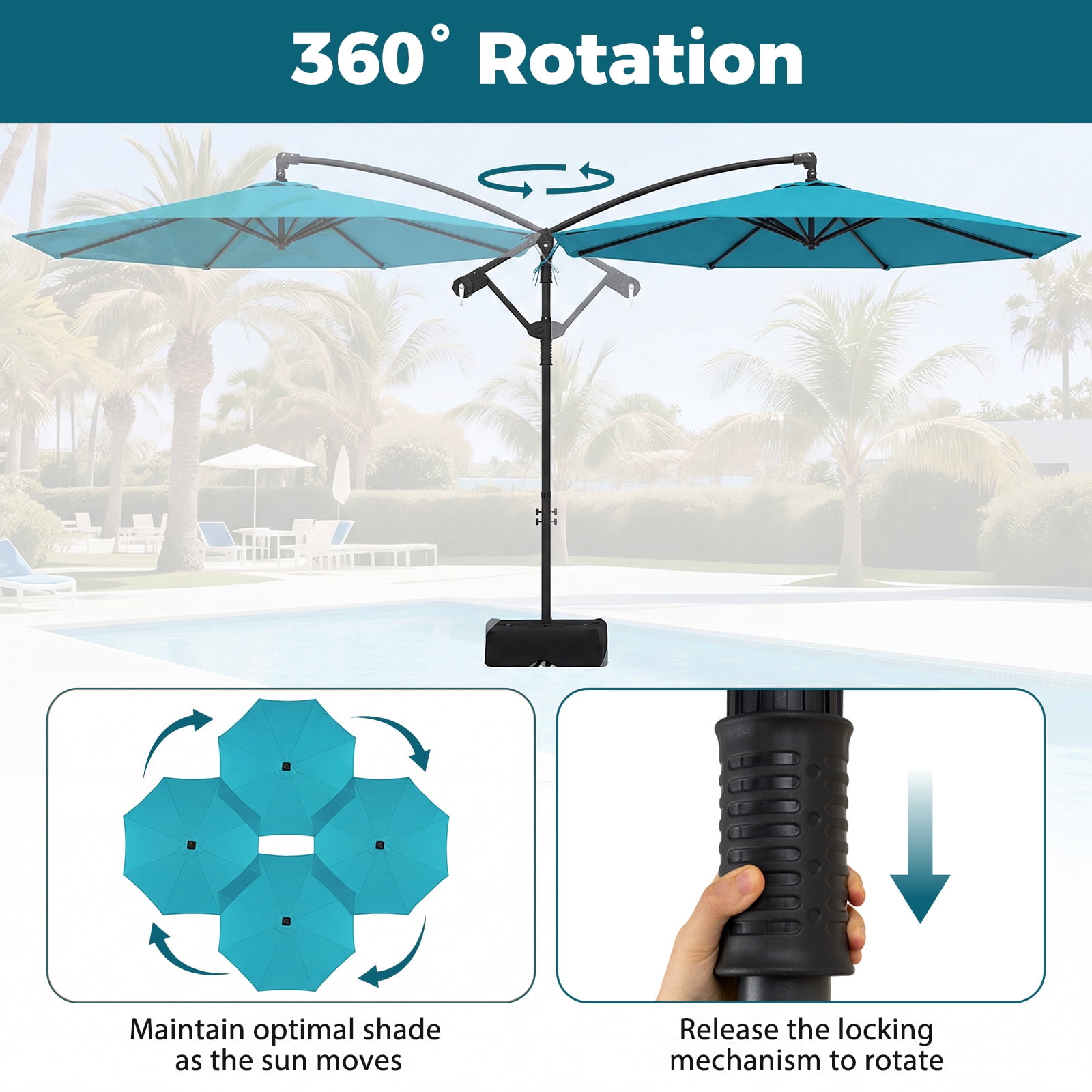 Costway 10 FT Offset Hanging Umbrella with Base Patio Cantilever Umbrella 360° Rotation Turquoise