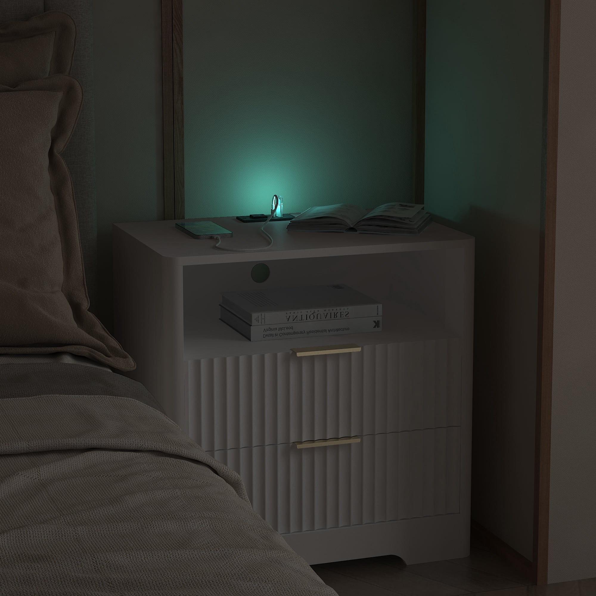 Aukfa Smart 2 Drawer Nightstand with Voice Control & Charging Station,7-Color LED Bedside Table for Bedroom,White
