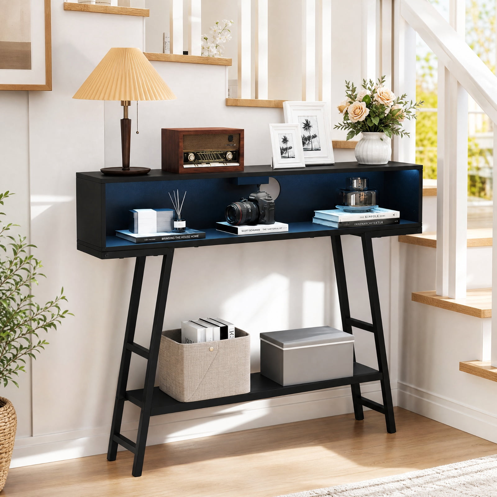 Furnibear 40 Inch Console Table with Charging Station USB Type-C AC Outlets and RGB LED Lights for Entryway Living Room and Behind Sofa, Black