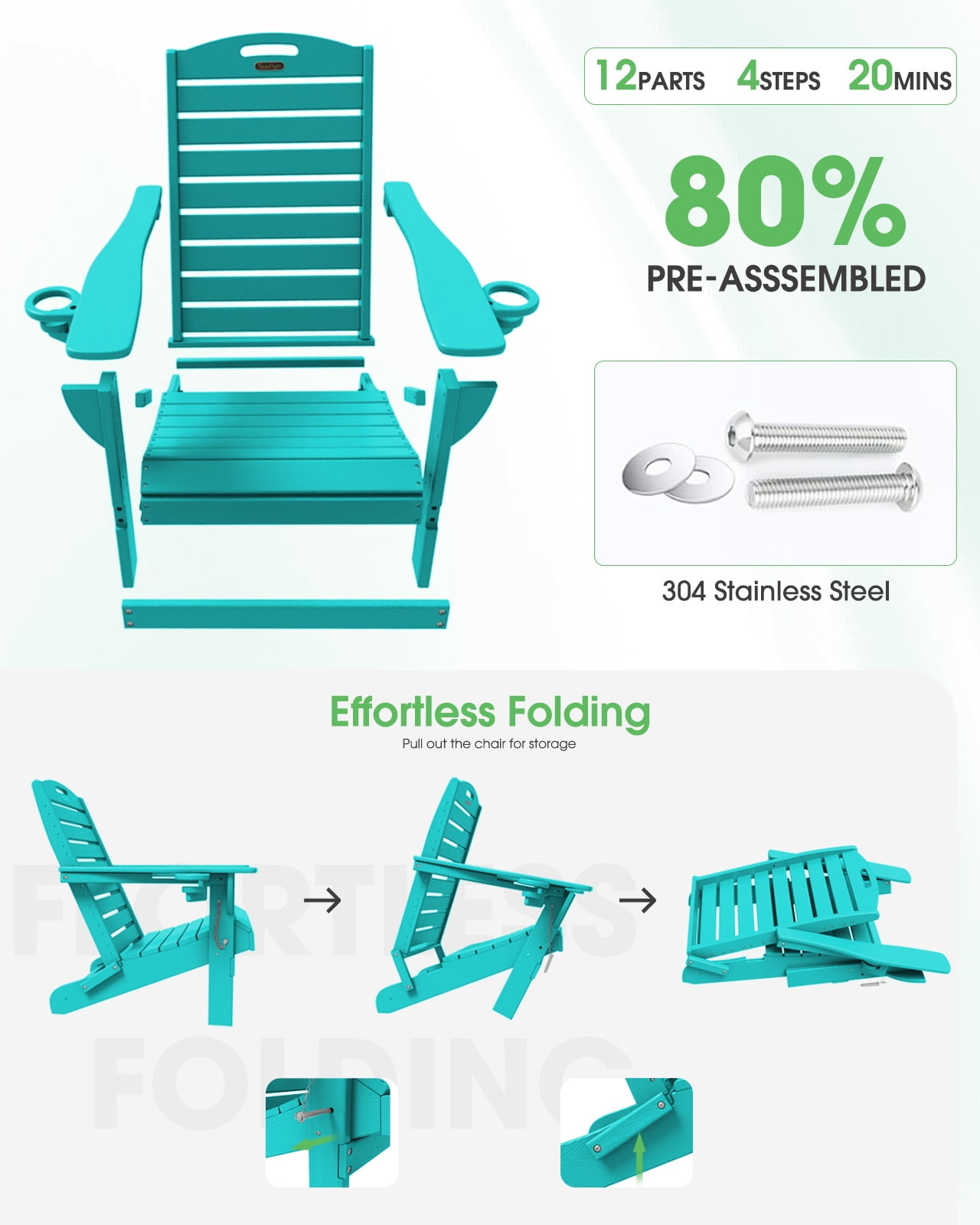Folding Adirondack Chair Set of 2 Outdoor Fire Pit Chairs HDPE All-Weather with Cup Holder Patio Garden Blue