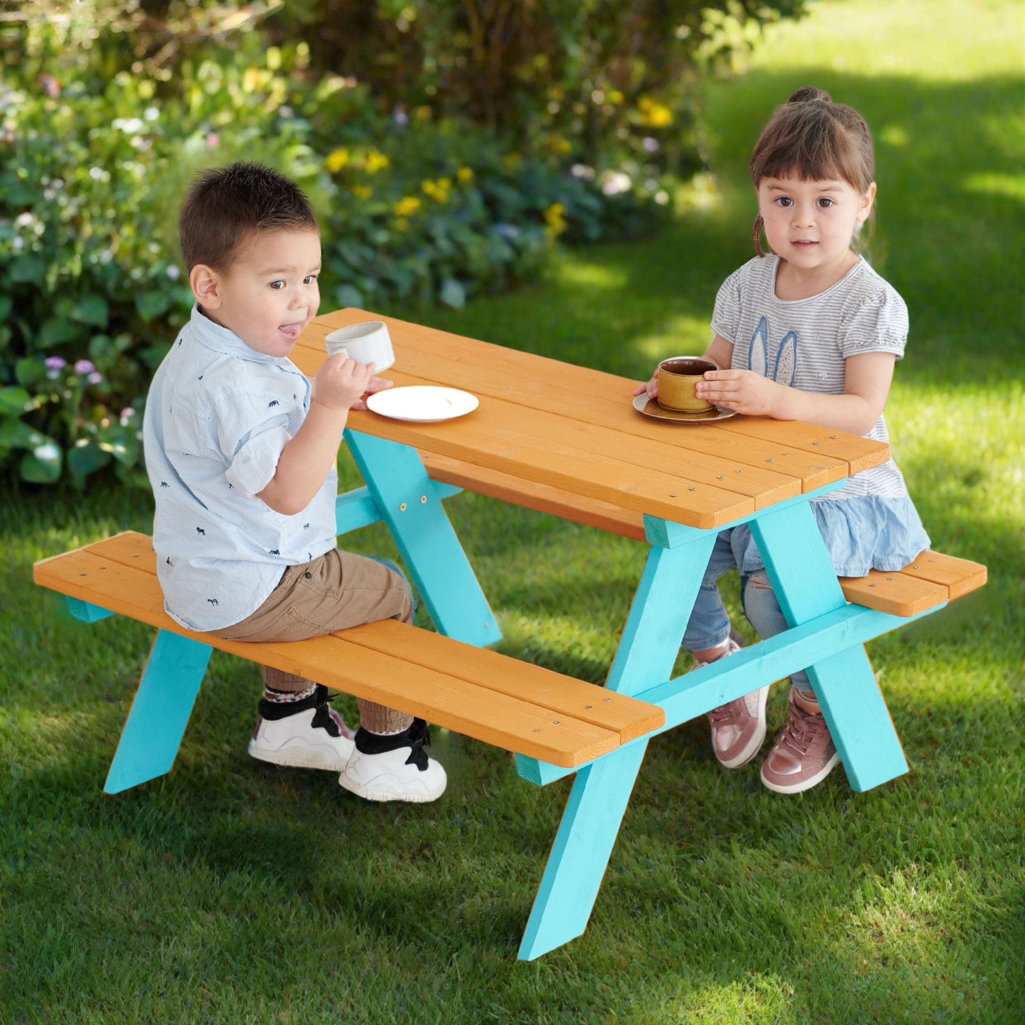 Teamson Kids Outdoor Wooden Picnic Table & Bench Set for Backyard, Patio, Garden, Weather-Resistant Finish
