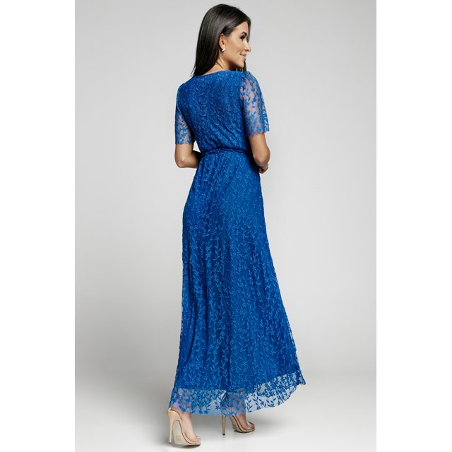 ABPHQTO Vestido largo con escote en V cruzado en relieve azul para mujer
