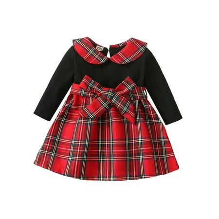 

Liliz Baby Girl Dress Long Sleeve Doll Collar Plaid Patchwork Dress with Belt for Casual Daily