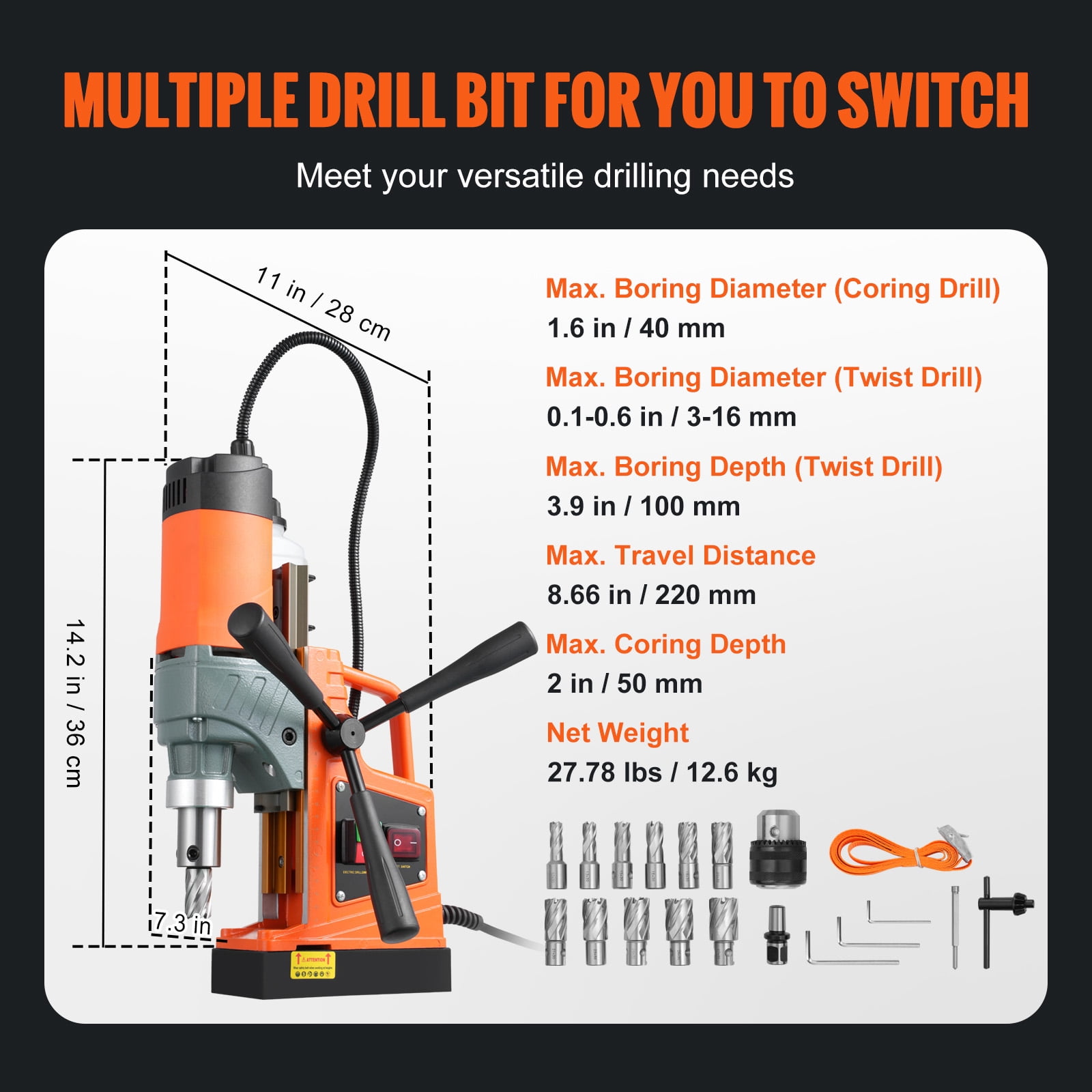 KFFKFF Magnetic Drill with 1450W Motor, 1.6-inch Boring Capacity, 2810 lbf Portable Electric Drill Press, Includes 11 Coring Bits, 850 RPM Speed