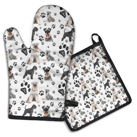 Schnauzer Dog and Footprints Kitchen Oven Mitt and Pot Holder Sets 2 Pcs for Baking, Cooking and Grilling, Heat Resistant Up To 392 °F