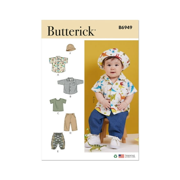Butterick Sewing Pattern 6949 - Babies' Shirts, T-Shirt, Pants and Hat, Size: A (XS-S-M-L)