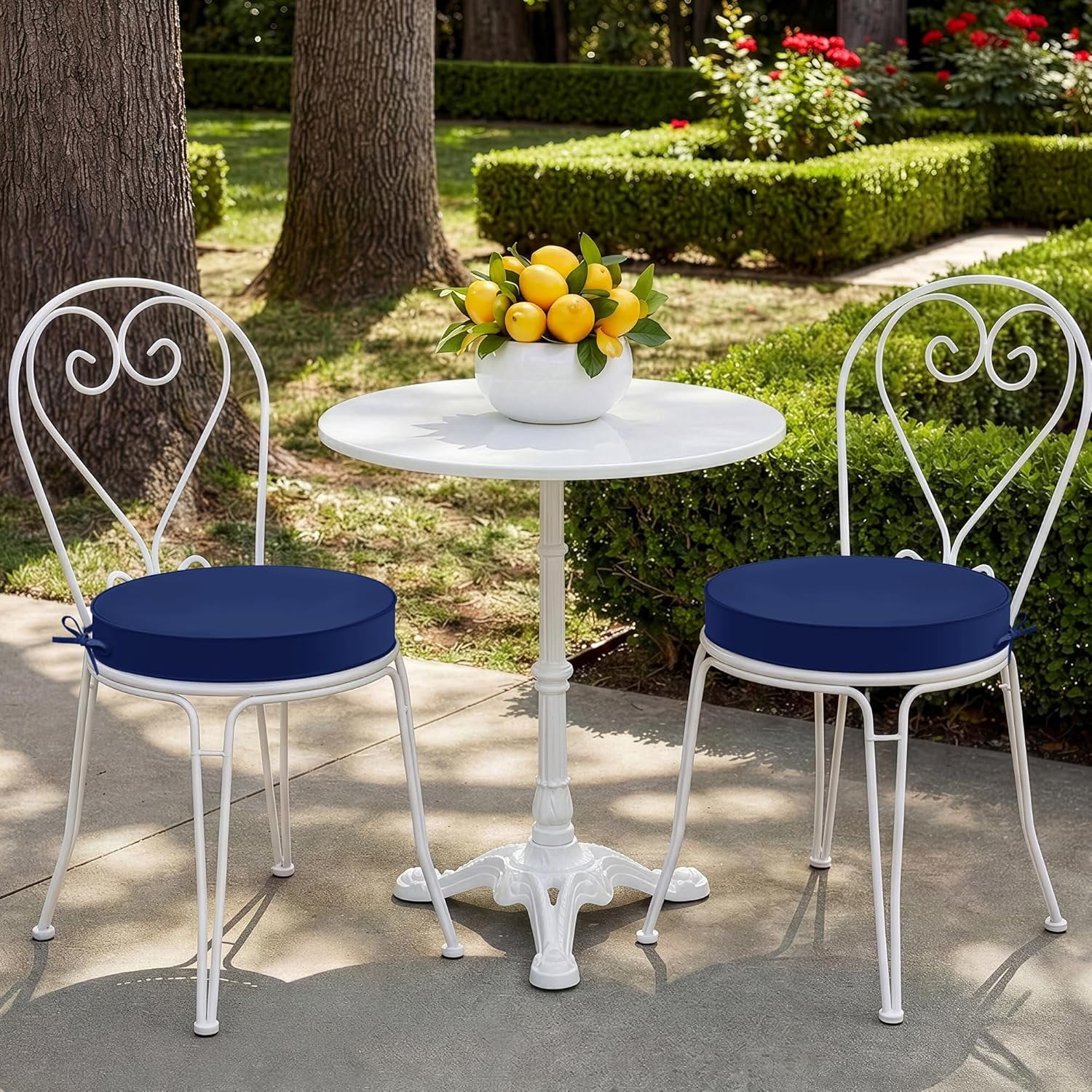 Outdoor Bistro Chair Cushions Set of 2, 15" D x 3" H Round Chair Cushions Waterproof and Fade Resistant Chair Cushion Pads with Non-Slip Ties and Removable Covers for Garden, Navy Blue