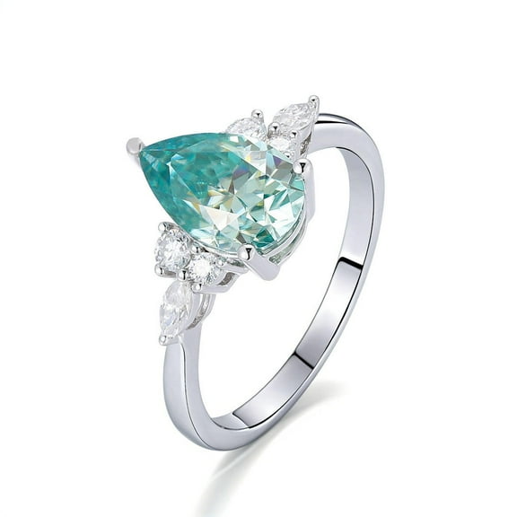 Pear Cut Lab Created Green Moissanite Engagement & Cocktail Ring in 925 Sterling Silver – Unique Six Diamond Design – Elegant Wedding Jewelry – Meaningful Gift for Her