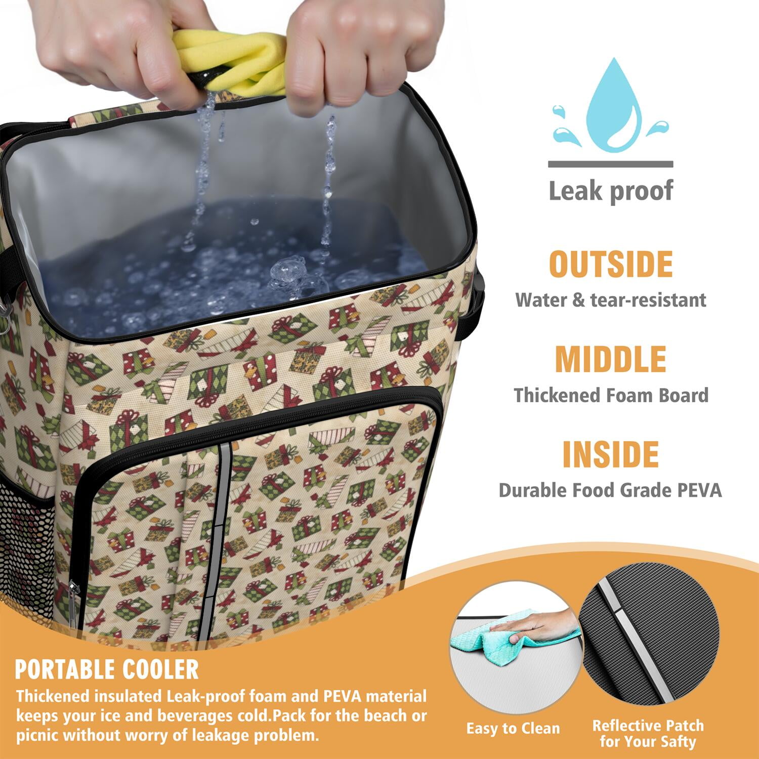 Travel Cooler Bag - Beige Christmas Gift Pattern Camping Beer Cooler Backpack with Bottle Opener- Waterproof Insulated Picnic Backpacks - Cooler Bag for Beach