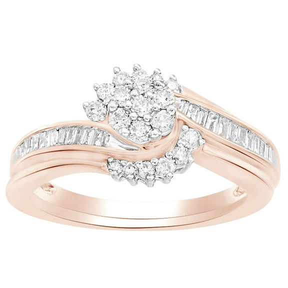 AFFY Round Shape White Diamond Cluster Engagement Ring In 14K Rose Gold Over Sterling Silver (0.5 Cttw)