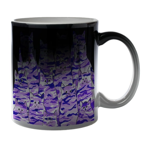 KuzmarK Black Heat Morph Color Changing Coffee Cup Mug 11 Ounce - Purple Camo Camouflage Kitties Abstract Cat Art by Denise Every