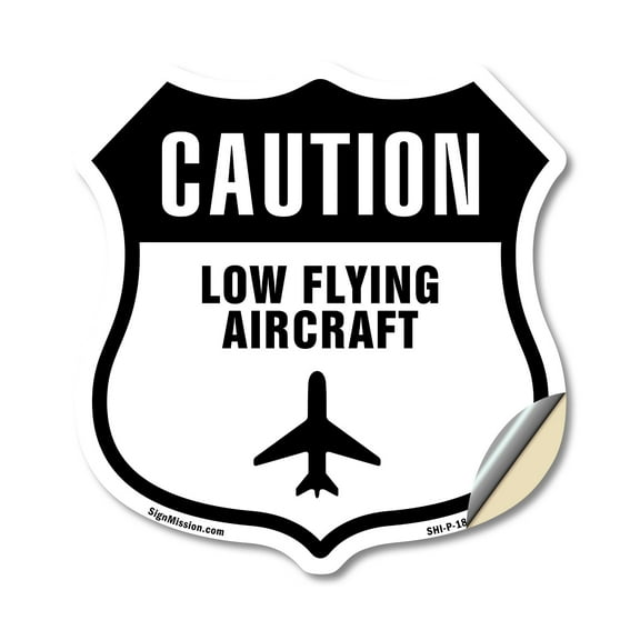 Caution Low Flying Aircraft (2 Pack) 4 inch X 4 inch Shield Shaped Heavy Duty 3.2 mil Vinyl Decals Weather Resistant Made in the USA