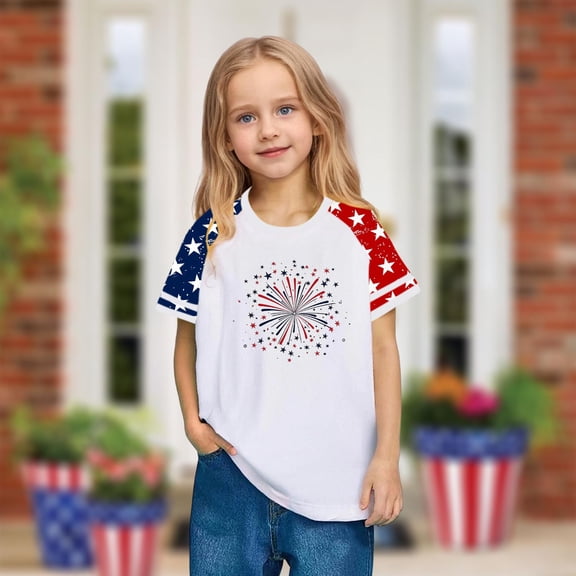 hengsof Girls Patriotic Themed Raglan Sleeve T-Shirt Patriotic Holiday Short Sleeve Crew Neck Top Perfect for Summer Celebrations