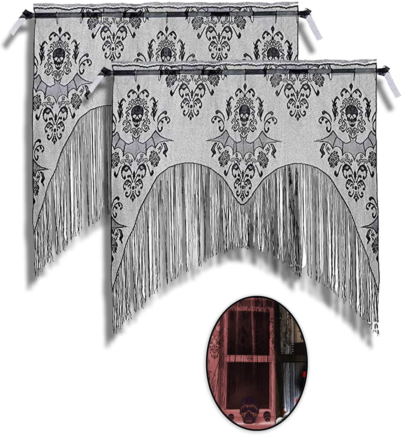 ZeeDix 2 Pcs Halloween Lace Skull Window Curtain- Black Tassel Door Curtain for Halloween Home Party Decorations, Halloween Party Supplies