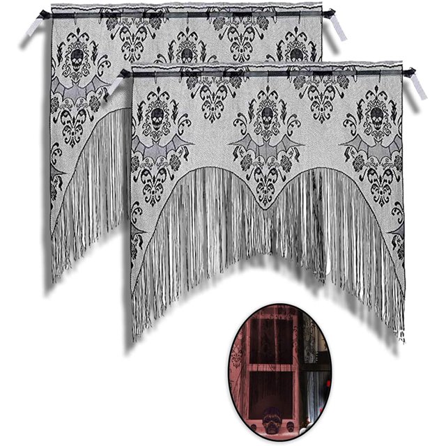 2 uds. Cortina de ventana de calavera de encaje de Halloween-cortina de puerta con borla negra para decoraciones de fiesta en casa de Halloween TUNC Sencillez
