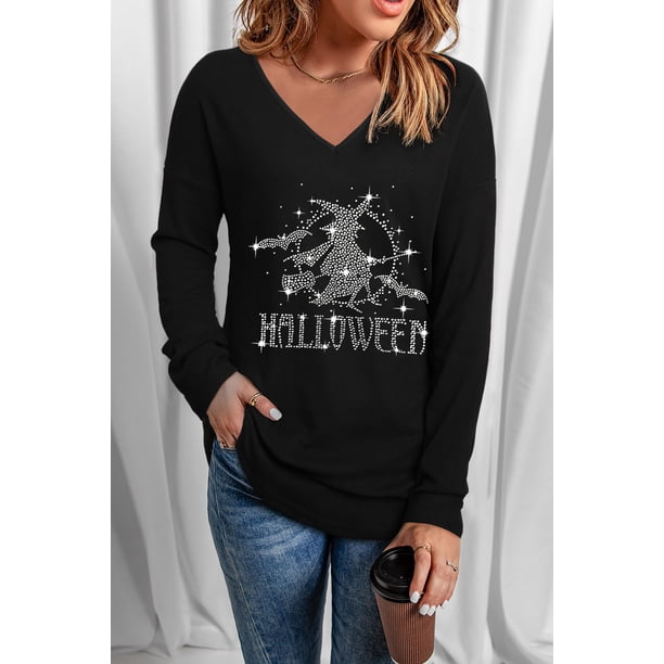 ABPHQTO Top de manga larga casual con cuello en V sólido con diamantes de imitación de bruja de Halloween para mujer