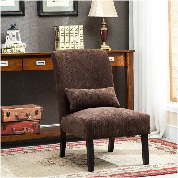 Pisano Modern Chenille Accent Armless Chair with Pillow, Chocolate Brown