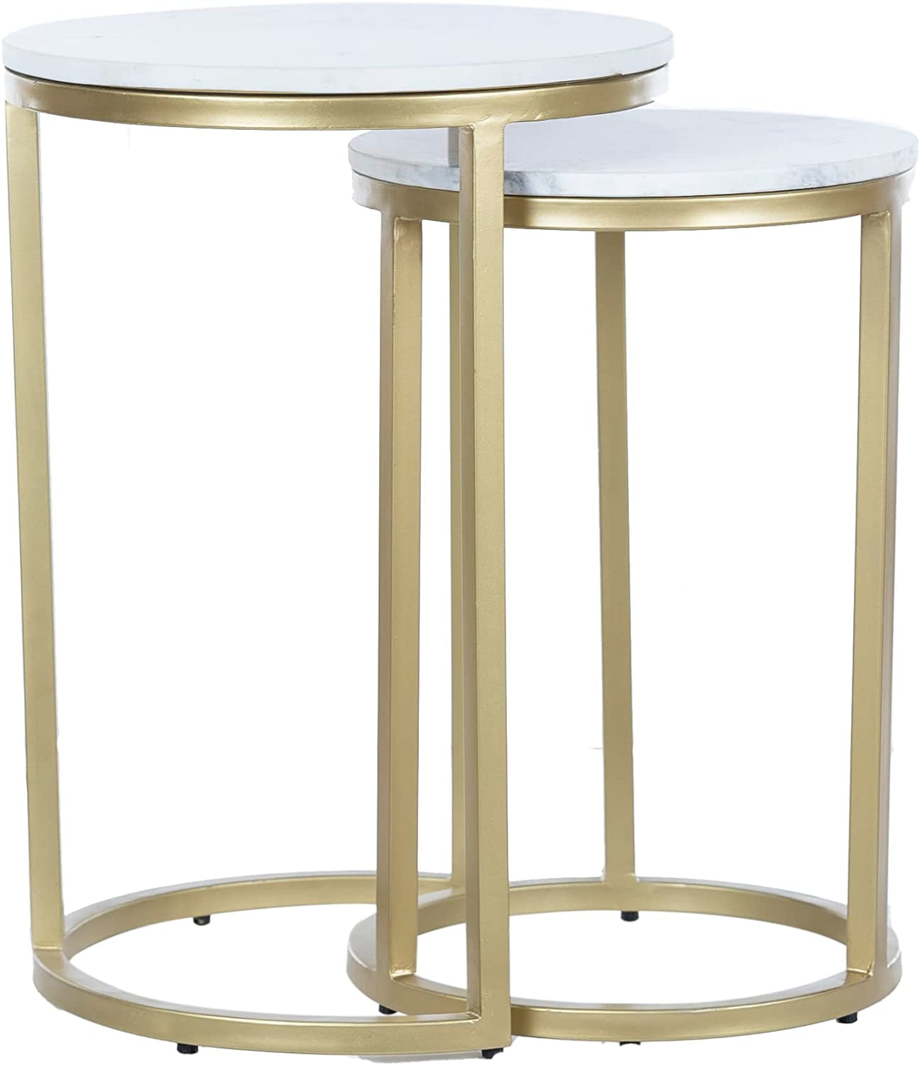 RRI Goods Round Nesting Table Set of 2, Marble Top Gold Base Accent