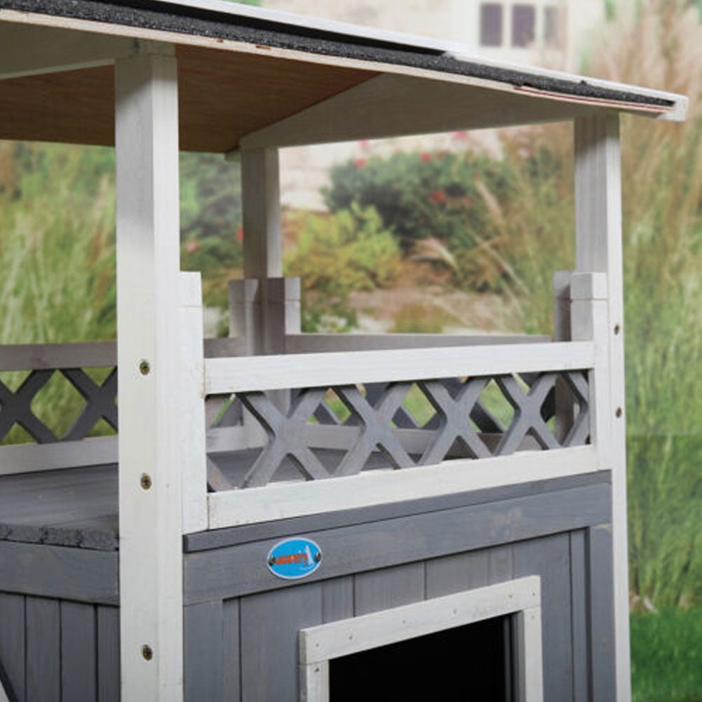 Lowestbest Dog House, Natural Wooden Dog House Home with Steps Balcony Puppy Stairs, Outdoor Weather-Resistant Cat Condo Pet House Lowestbest Dog House, Natural Wooden Dog House Home with Steps Balcony Puppy Stairs, Outdoor Weather-Resistant Cat Condo Pet House