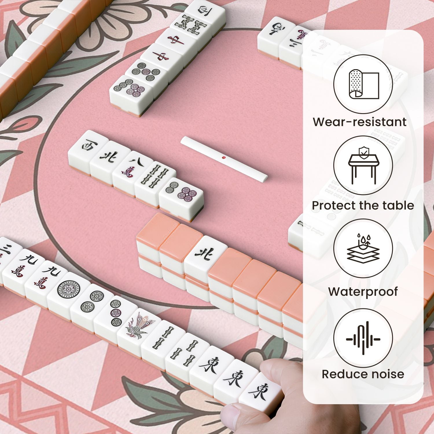 Mahjong Mat 31.5" x 31.5" Floral Frame Pink Diamond Empty Center for Customization Anti-Slip and Noise Reduction Symmetry Design Mahjong Tiles Table Cover for Dominoes Poker Card Board and Tile Games