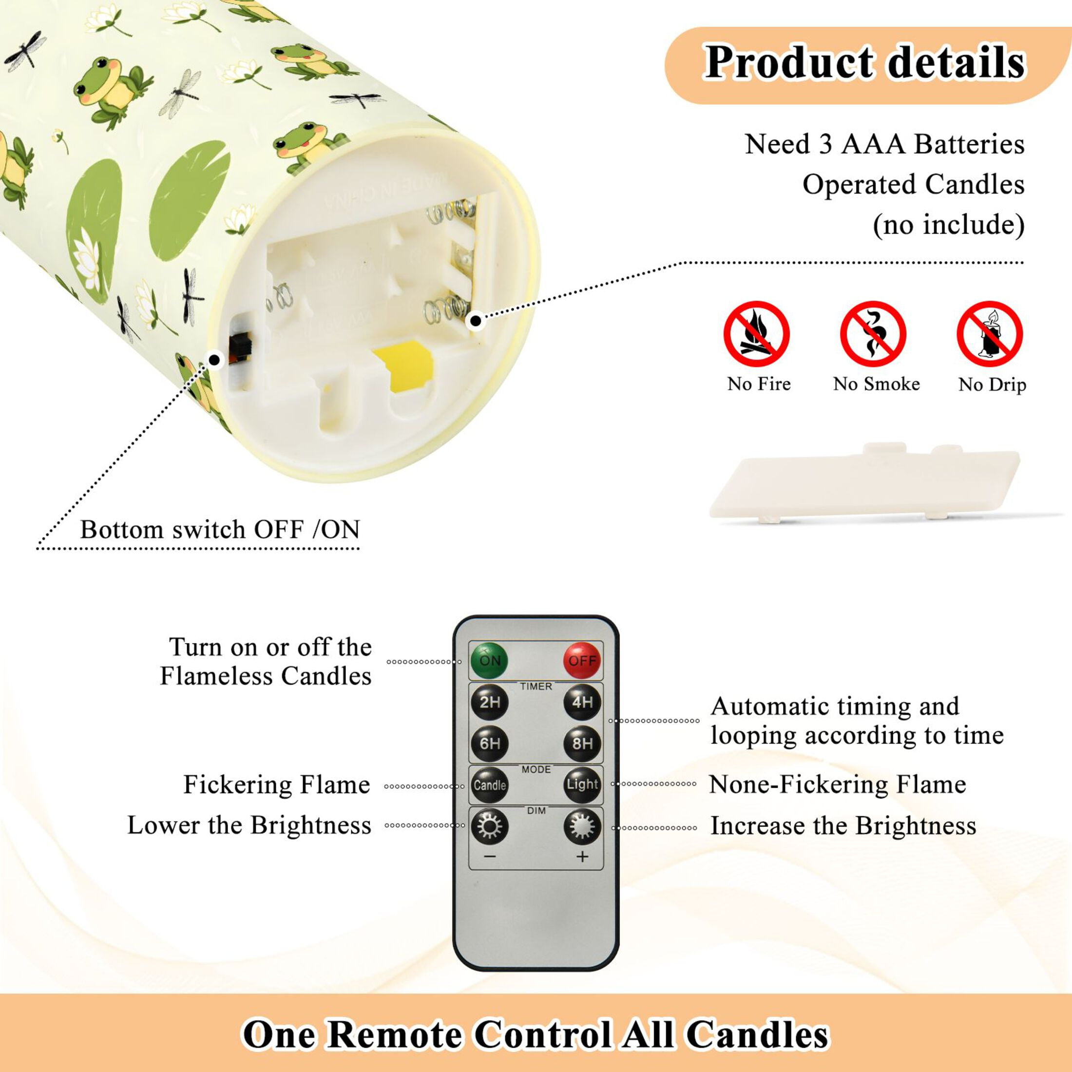 Frog Dragonfly Lotus Flower Flameless Candles 2 PCS with Remote Realistic Moving Flame LED Tapered Pillar Set for Home Decor