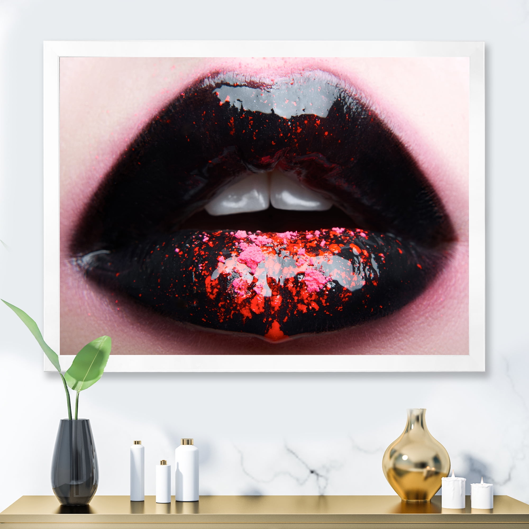 Designart 'Plump Woman Lips With Pink and Black' Modern Framed Art Print