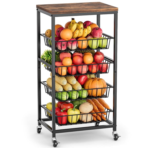 Fruit Vegetable Cart, 4-Tier Snack & Kitchen Cart on Wheels with Storage, Pull-Out Baskets & Wood Top, Rolling Organizer for Pantry, Living Room (Brown)