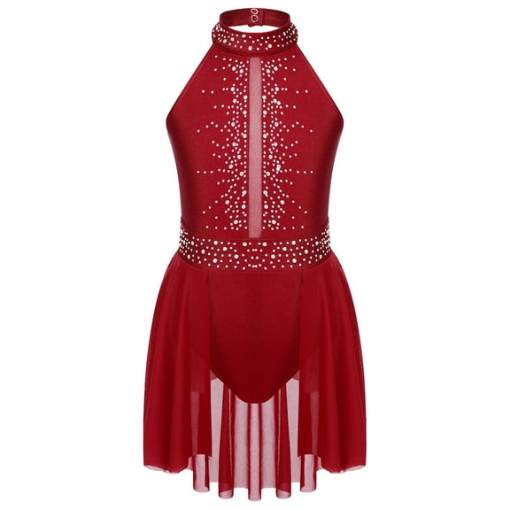 YONGHS Kids Girls Rhinestone Figure Ice Skating Dress Lyrical Contemporary Dance Skirt Leotard Burgundy 12