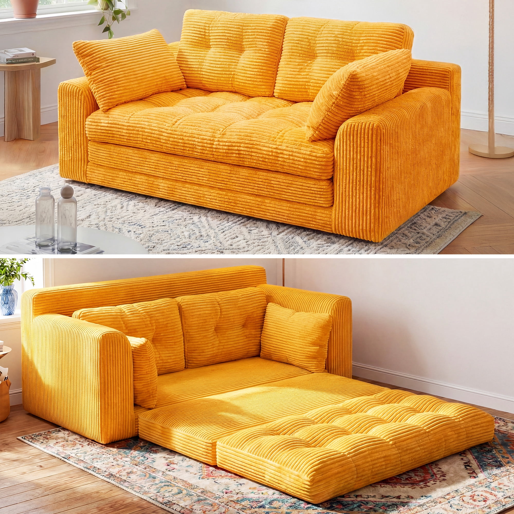 EnHomee 58.6" Foldable Sofa for Adult Loveseat Sofa Couch with Deep Seat Adjustable Floor Sofa Couch with 4 Pillows,Orange