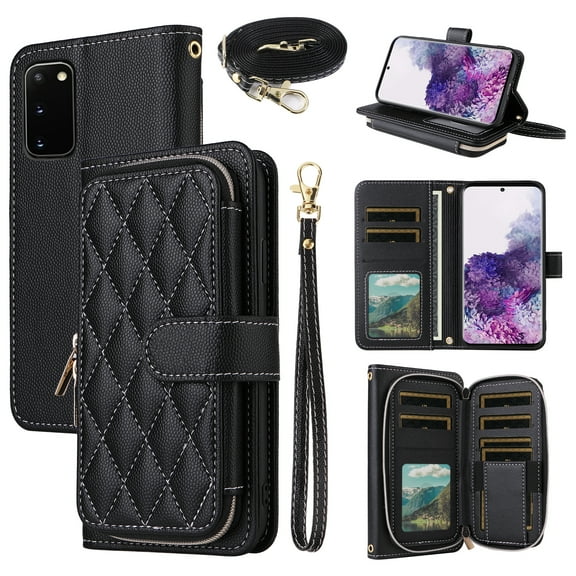 Dswteny Argyle Wallet Case for Samsung Galaxy S20 5G 6.2 inch with Wrist Strap Shoulder Strap, Zipper PU Leather Flip Credit Card Holder Stand Cell Phone Cover for S 20 20S UW S2O G5 Girls Black