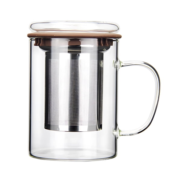 Glass Tea Mug with Infuser and Lid, Tea Mug with Infuser for Loose Leaf, Long-Lasting Stainless Steel and Silicone Glass, 13.5 fl oz / 400 ml Capacity, Coffee Color