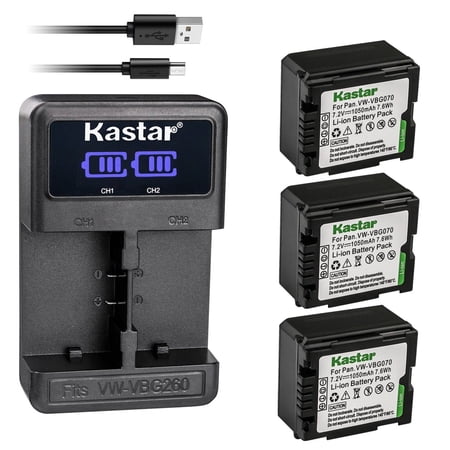 Kastar 3-Pack VW-VBG070 Battery and LED2 USB Charger Compatible with Panasonic AG-HMR10E AG-HMR10P AG-HSC1U HDC-DX1 HDC-DX1EG-S HDC-DX1GK HDC-DX1P HDC-DX1-S HDC-DX3 HDC-HS9 HDC-HS9EG-S Camera