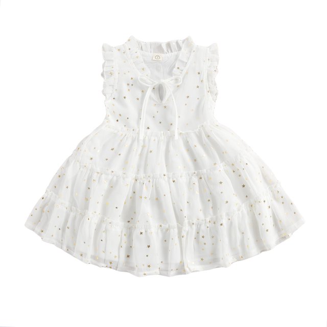 Robe Sans Manches pour Enfants avec Volants, Col Rond Longueur Moyenne Robes de Princesse pour Filles