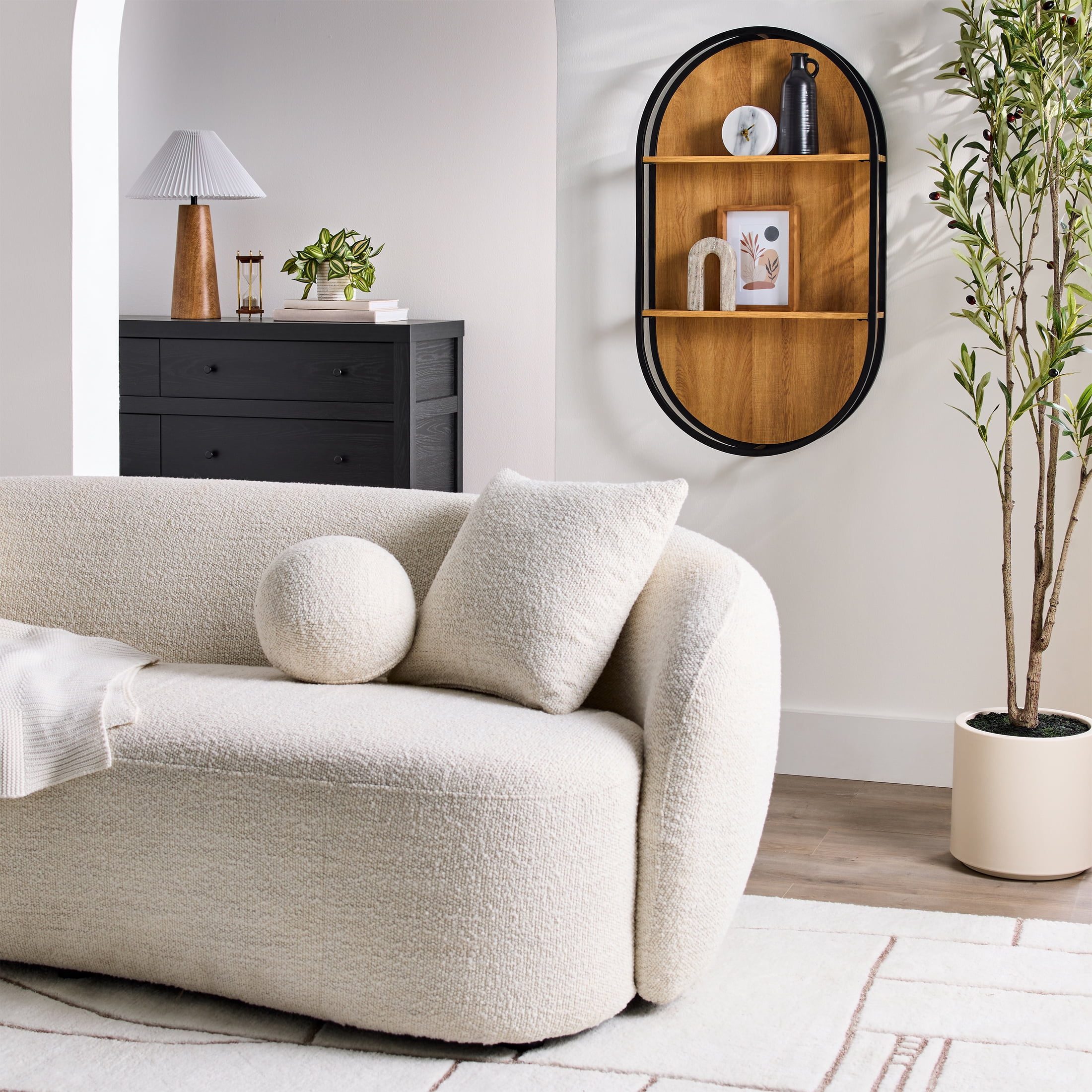 Better Homes & Gardens Open Frame Arch Shelf, Black Metal and Light Honey Finish