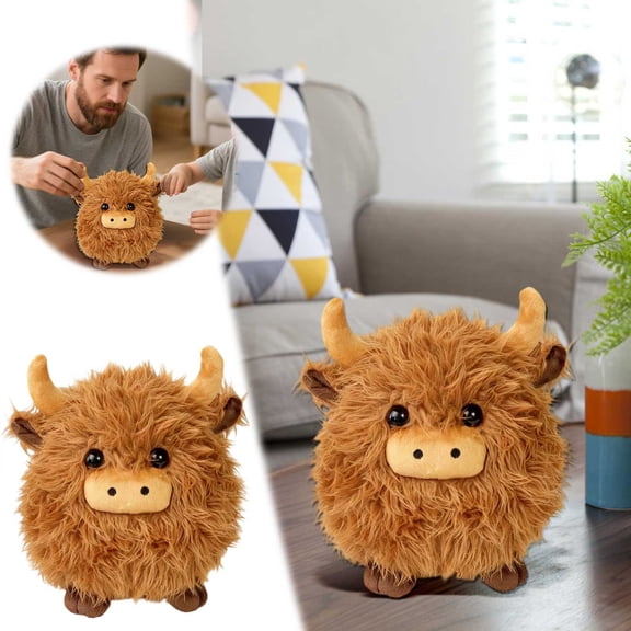 Cute Fluffy Cow Stuffed Animal, 2 Sizes with Keychain Clip, Realistic Scottish Highland Cattle Decor, Soft Plushie for Bedroom, Valentine‘s Day Gift for Her, Easter Basket Stuffers