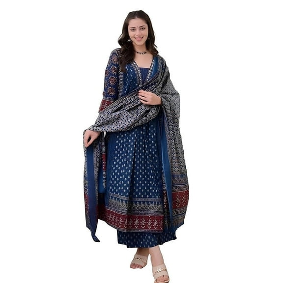 KLOSIA Women's Rayon Printed Anarkali Kurta and Pant with Dupatta Set