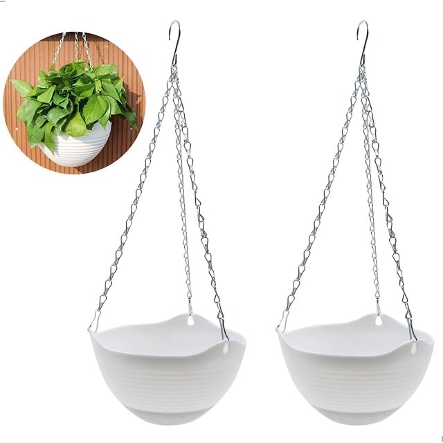 CHAO 2 macetas colgantes para balcón, cesta colgante de plástico con gancho de cadena, para decoración de paredes, interiores, exteriores, balcones, jardines para suculentas y plantas trepadoras