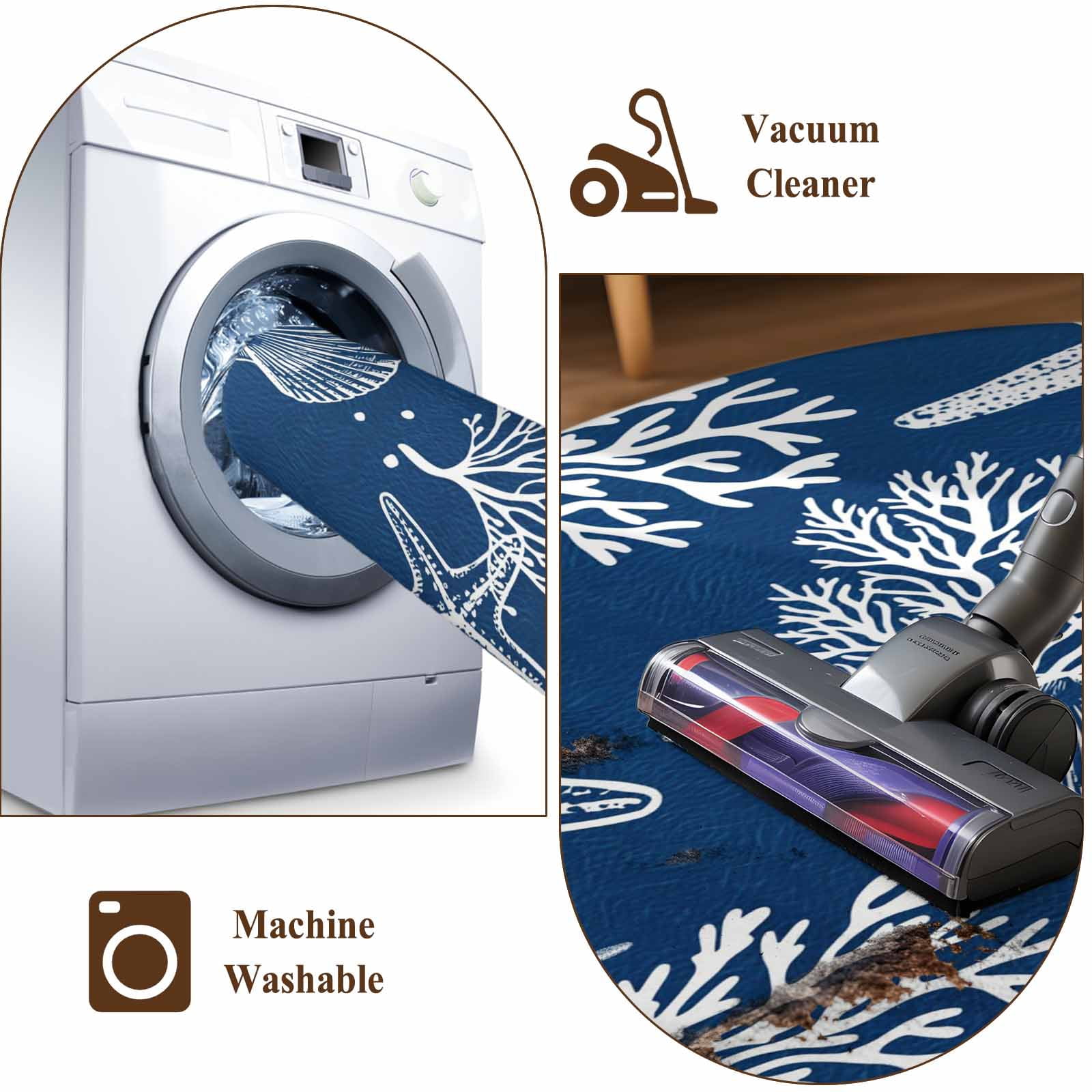 Navy Blue Coastal 2'x6' Runner Rugs for Hallway Kitchen Bedside Non Slip Washable, Nautical Beach Starfish Coral Summer Entryway Rug Runners with Rubber Backing, Long Carpet Runner for Laundry Room