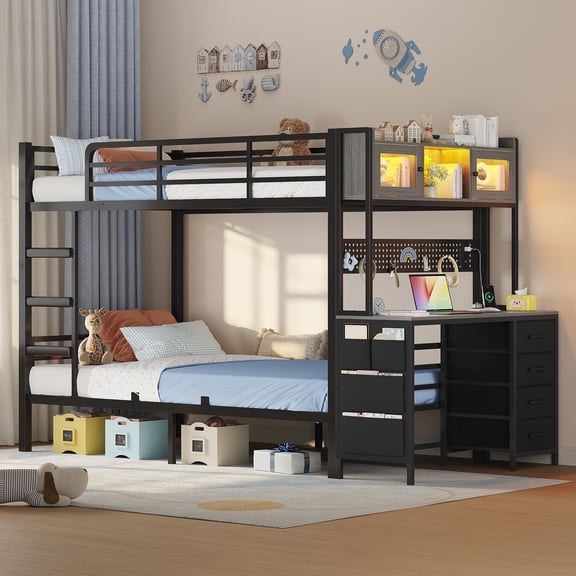 Afuhokles Metal Full Over Full Bunk Bed with Desk and LED Lights Black