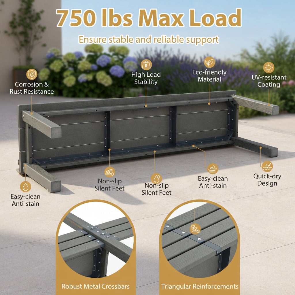 Hommoo 55" HDPE Outdoor Patio Bench for 2-3 People, Weatherproof, Backless Garden Bench, Gray